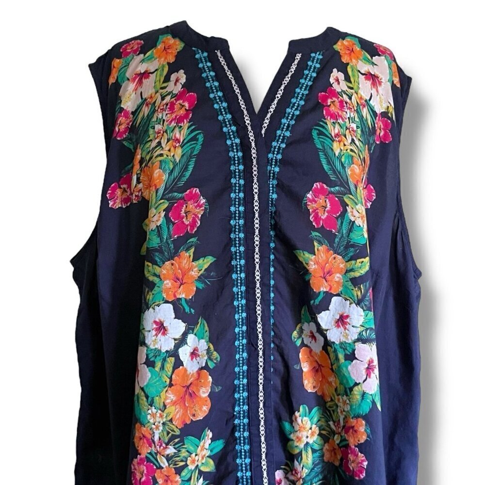 Roamans Womens Top Plus Sz 26W Navy Blue Tropical Floral Tunic Blouse Cotton - Picture 3 of 8